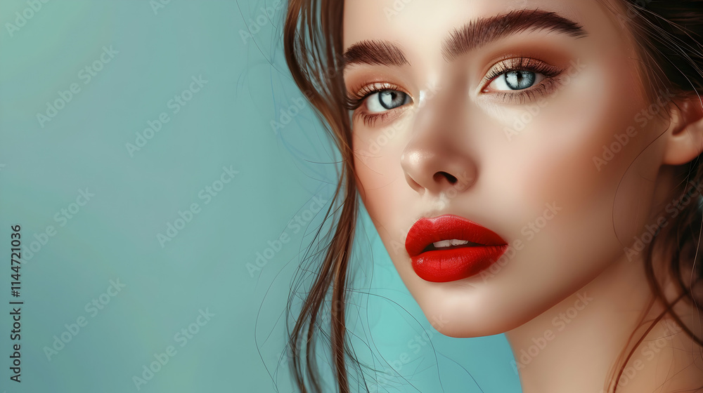 Close-Up Portrait of a Woman with Striking Blue Eyes and Red Lips Close-Up Portrait of a Woman with Striking Blue Eyes and Red Lips