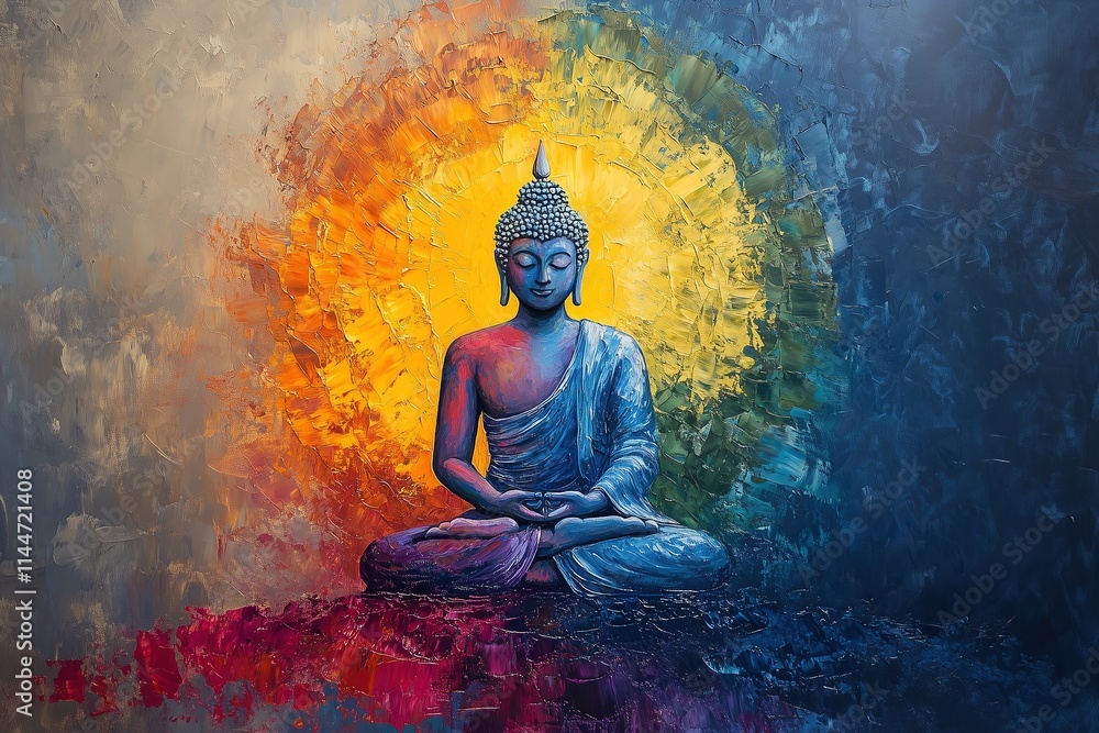 Vibrant Oil Painting of Buddha in Meditative Pose with Radiating Colors and Spiritual Essence Vibrant Oil Painting of Buddha in Meditative Pose with Radiating Colors and Spiritual Essence