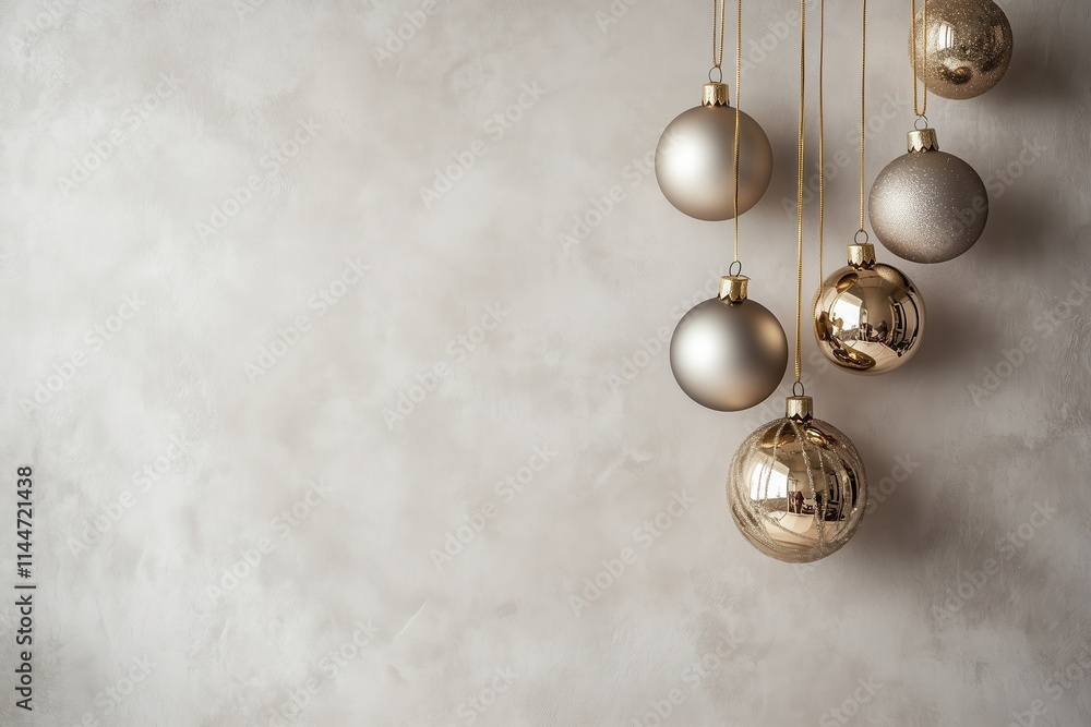 Decoração de natal com bolas suspensas em tons dourados, vermelhos e prateados, sobre fundo neutro, criada com IA generativa. Decoração de natal com bolas suspensas em tons dourados, vermelhos e prateados, sobre fundo neutro, criada com IA generativa.