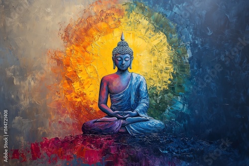 Wallpaper Mural Vibrant Oil Painting of Buddha in Meditative Pose with Radiating Colors and Spiritual Essence Torontodigital.ca