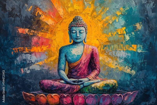 Wallpaper Mural Vibrant Oil Painting of Buddha in Meditative Pose with Radiating Colors and Spiritual Essence Torontodigital.ca