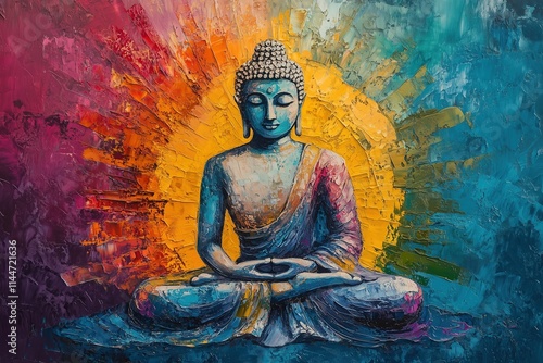 Vibrant Oil Painting of Buddha in Meditative Pose with Radiating Colors and Spiritual Essence