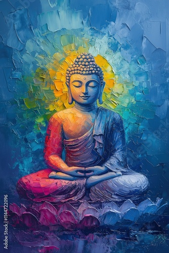 Vibrant Oil Painting of Buddha in Meditative Pose with Radiating Colors and Spiritual Essence
