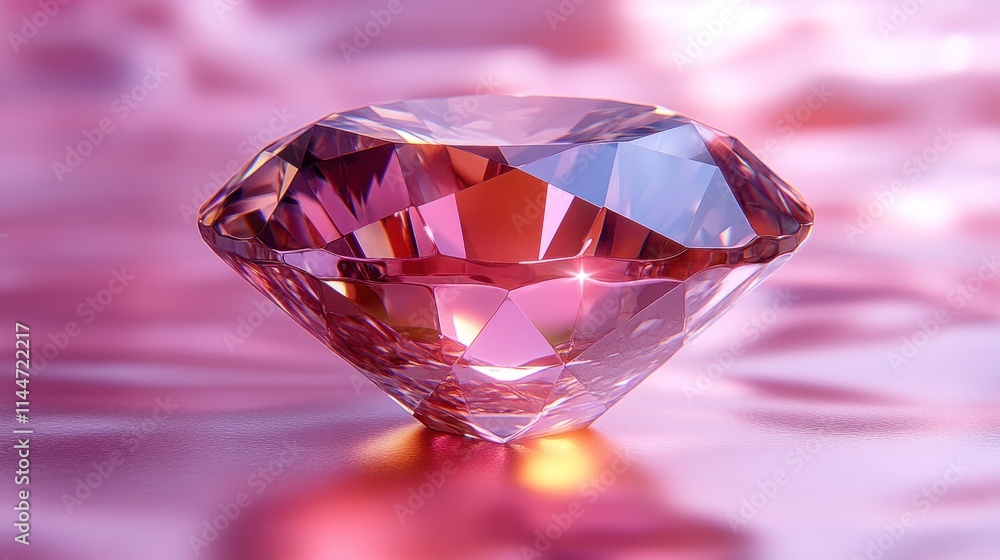 Close-up of a beautiful, pink, round brilliant cut diamond on a soft, pink background. Close-up of a beautiful, pink, round brilliant cut diamond on a soft, pink background.