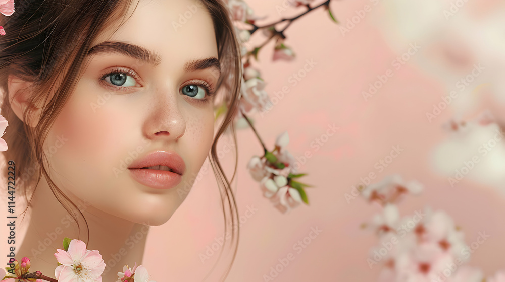 Close-up Portrait of Young Woman Surrounded by Blooming Flowers