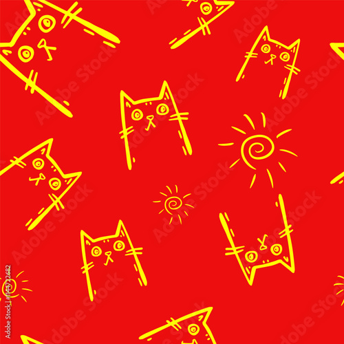 Seamless vector pattern with cute draw cats. Simple doodle style	
