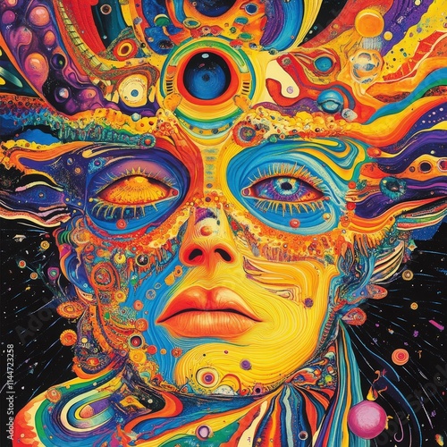 Stunning cosmic-themed portrait featuring surreal details of a face merging with celestial patterns, exuding a vibrant and imaginative atmosphere. AI generated.