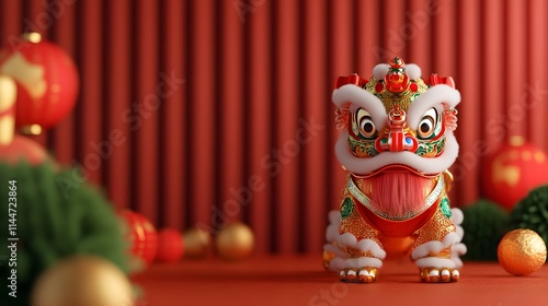 A vibrant lion dance figure stands against a striped red backdrop, surrounded by decorative elements, symbolizing celebration and cultural festivities.