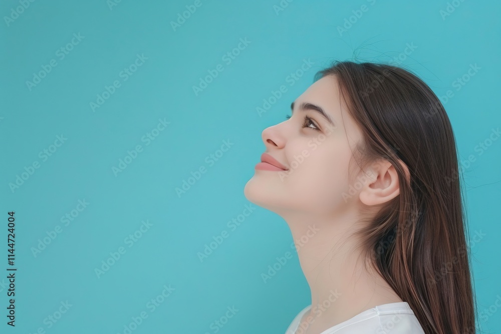 Attractive girl showcasing copy space on blue background. Attractive girl showcasing copy space on blue background.
