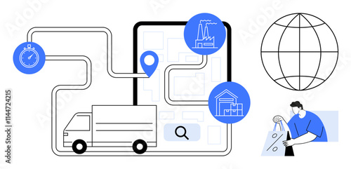 Delivery truck follows a route with location points on a map. Stopwatch, factory, warehouse icons and a man handling a package to the right. Ideal for logistics, supply chains, delivery