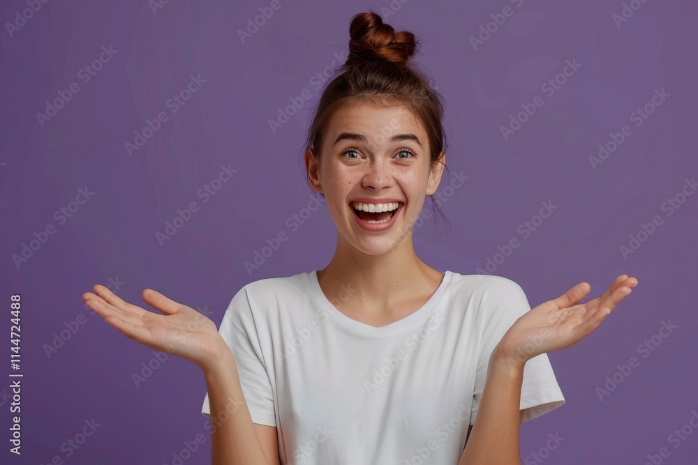 attractive cheerful girl demonstrating copy space ad new isolated over purple background attractive cheerful girl demonstrating copy space ad new isolated over purple background