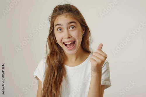 Excited girl pointing left at promo offer on white background. photo