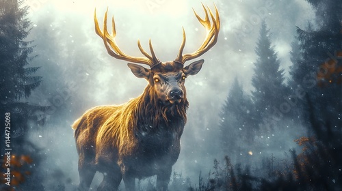 A majestic golden horned stag stands tall in a misty primeval forest its eyes filled with a sense of ancient wisdom and power  The creature s presence conveys a feeling of reverence and mysticism photo