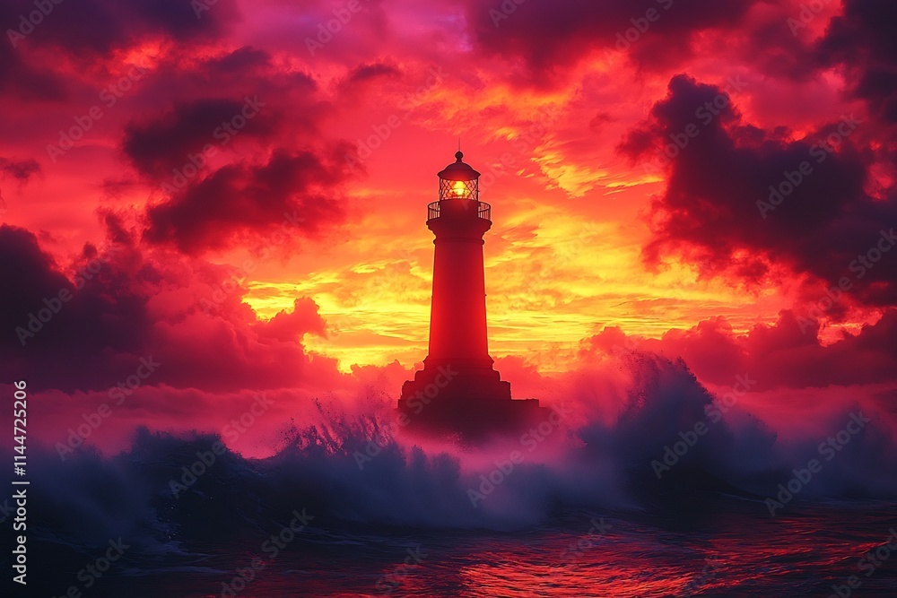 Dramatic Silhouetted Lighthouse against Vibrant Sunset Sky and Crashing Waves Dramatic Silhouetted Lighthouse against Vibrant Sunset Sky and Crashing Waves