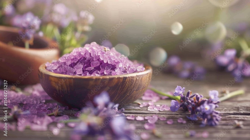 Lavender bath salts in a wooden bowl with fresh lavender flowers Lavender bath salts in a wooden bowl with fresh lavender flowers