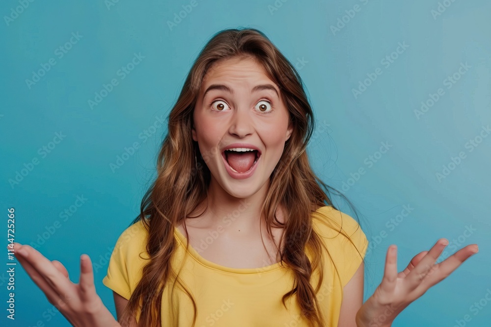 Portrait of cheerful girl showing new product on blue background