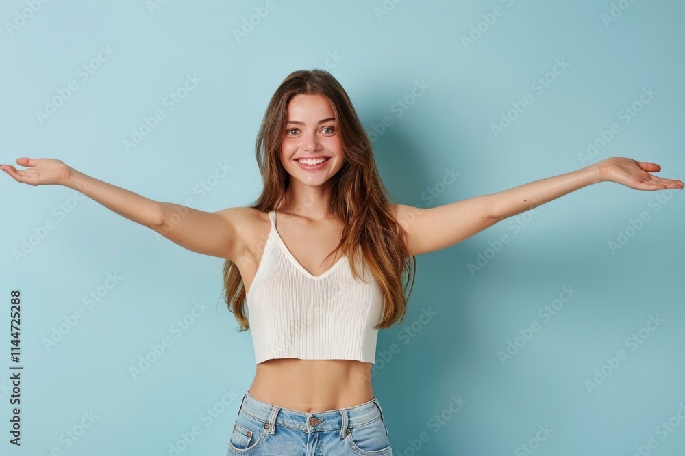Fototapeta premium Portrait of cheerful girl holding copy space on palms.