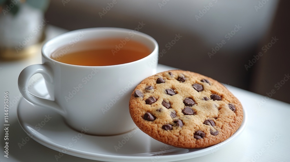 Tea and chocolate chip cookie on a cozy table Tea and chocolate chip cookie on a cozy table