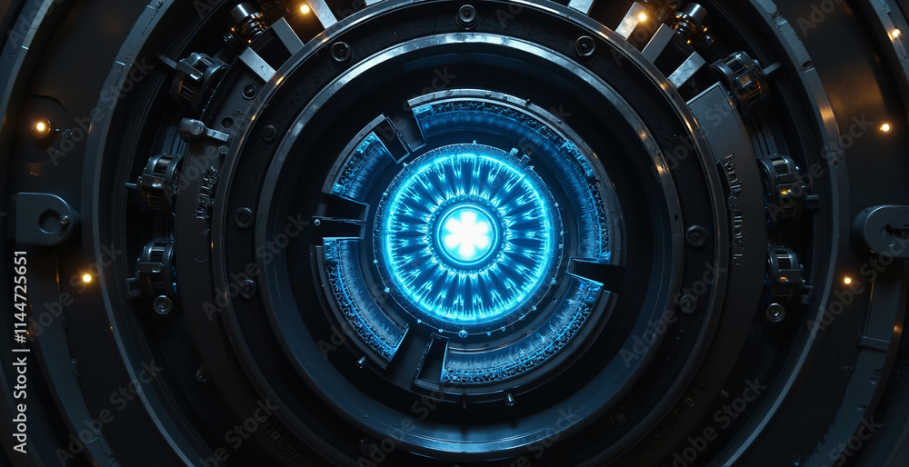 a futuristic, high-tech interior with a glowing blue circular center a futuristic, high-tech interior with a glowing blue circular center