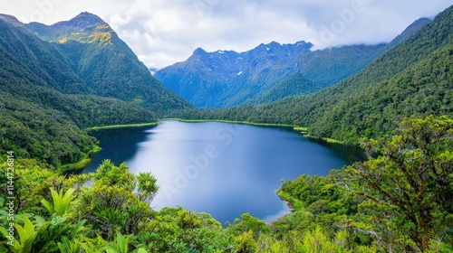 Serene mountain lake nestled in lush green valley. (1)