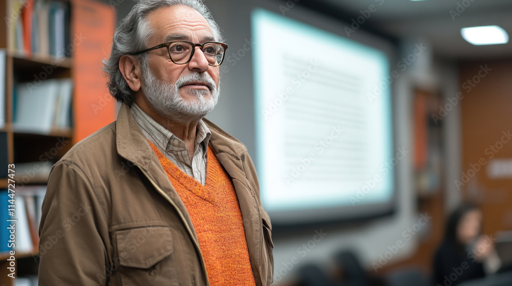 A professor leading a discussion about ethics with philosophical texts displayed on a projector A professor leading a discussion about ethics with philosophical texts displayed on a projector