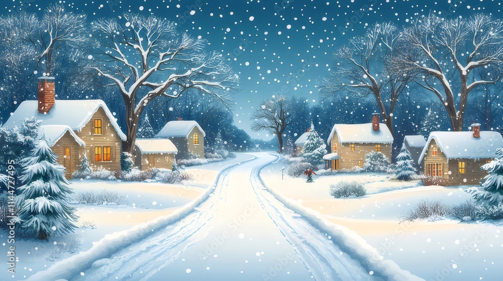 Snowy village street scene at night with houses, trees, and falling snow. Snowy village street scene at night with houses, trees, and falling snow.