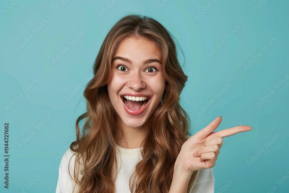 Cheerful girl pointing to empty space on color background. Cheerful girl pointing to empty space on color background.