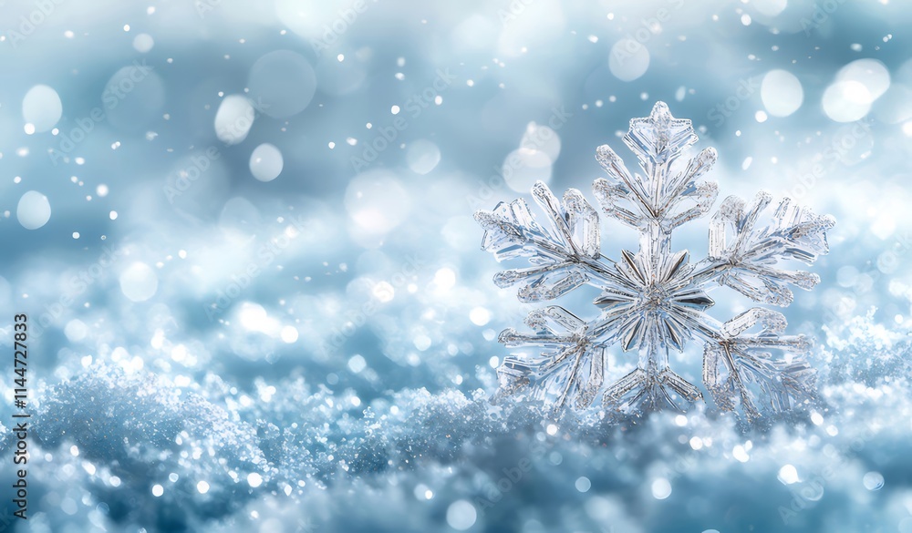 Sparkling snowflake on snowy ground with bokeh background. Sparkling snowflake on snowy ground with bokeh background.