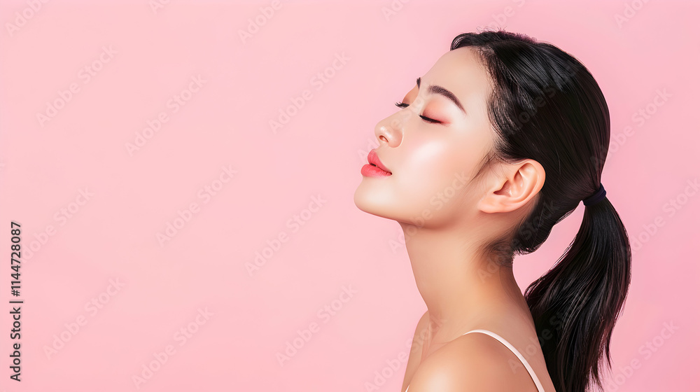 Side profile of serene young woman with natural makeup on pink background Side profile of serene young woman with natural makeup on pink background