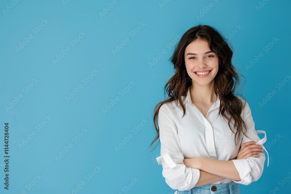 Cheerful girl help desk specialist with copy space portrait Cheerful girl help desk specialist with copy space portrait