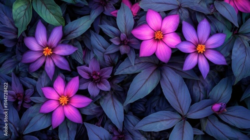 Vibrant Purple Flowers Against Lush Green Leaves in Nature