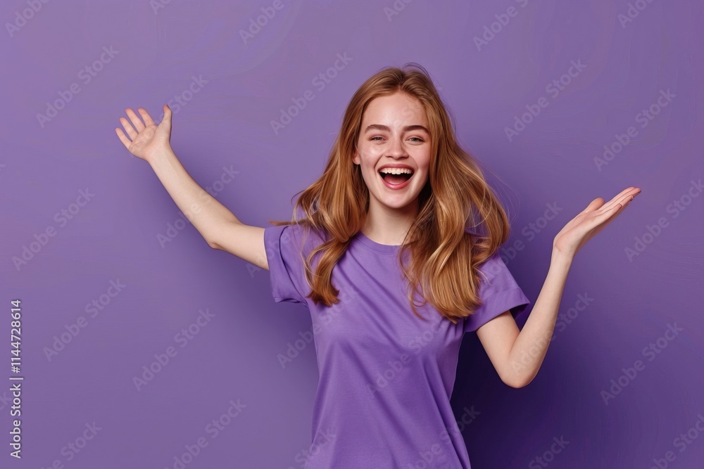 Cheerful girl holding product with copy space on purple background. Cheerful girl holding product with copy space on purple background.
