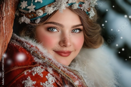 Close-up of a beautiful young woman against a winter landscape, wearing an elegant traditional headscarf