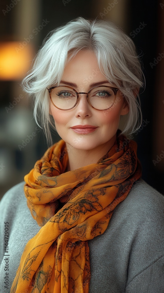 Fototapeta premium Elegant older woman with stylish glasses and scarf, capturing a moment of serenity in a warm, cozy environment with soft lighting