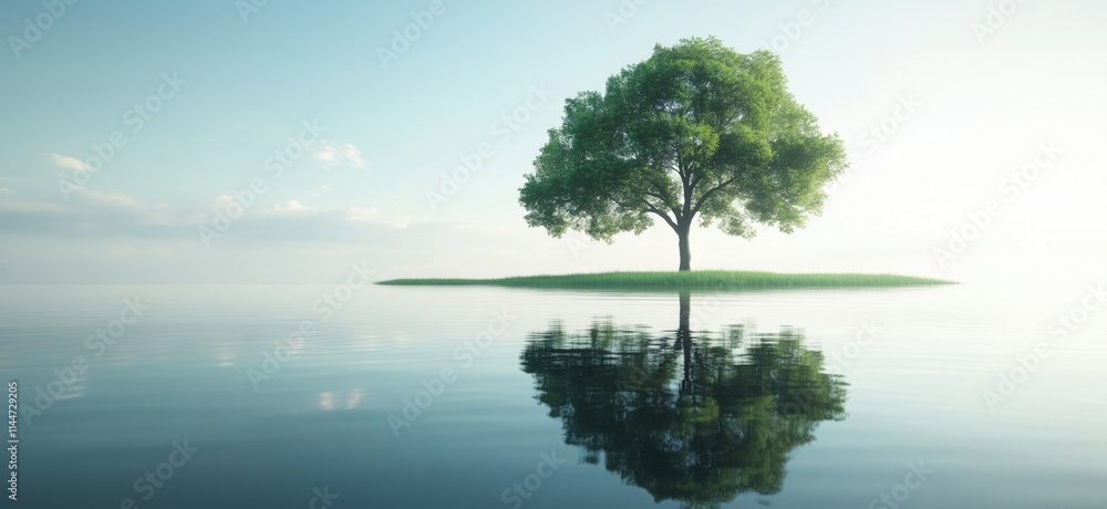 Lone tree on serene island reflecting in calm water, surrounded by gentle sky and soft clouds, evoking tranquility and nature's beauty, copy space for text Lone tree on serene island reflecting in calm water, surrounded by gentle sky and soft clouds, evoking tranquility and nature's beauty, copy space for text