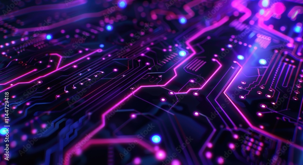 Fototapeta premium Integrated Circuit Background. Futuristic Technology with Digital Abstract Blue Neon