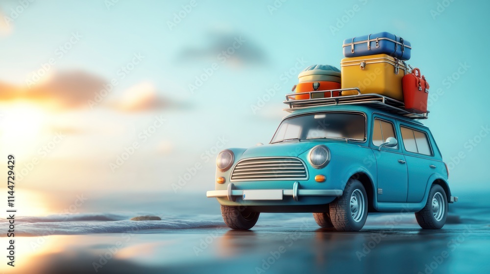 Retro car loaded with luggage on beach at sunset. Retro car loaded with luggage on beach at sunset.