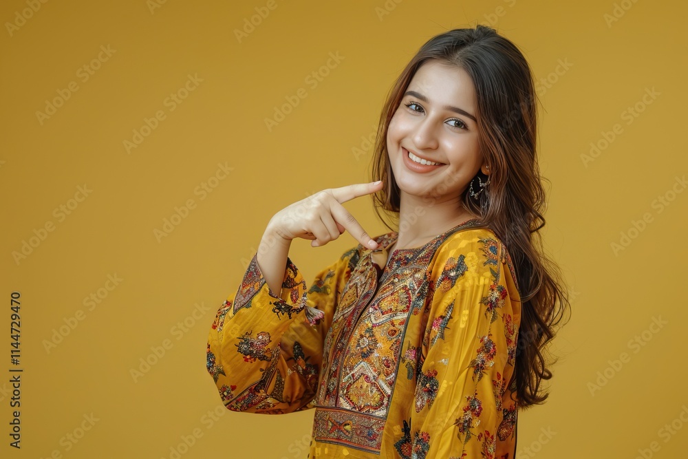 Cheerful Pakistani girl pointing to copy space in studio portrait. Cheerful Pakistani girl pointing to copy space in studio portrait.