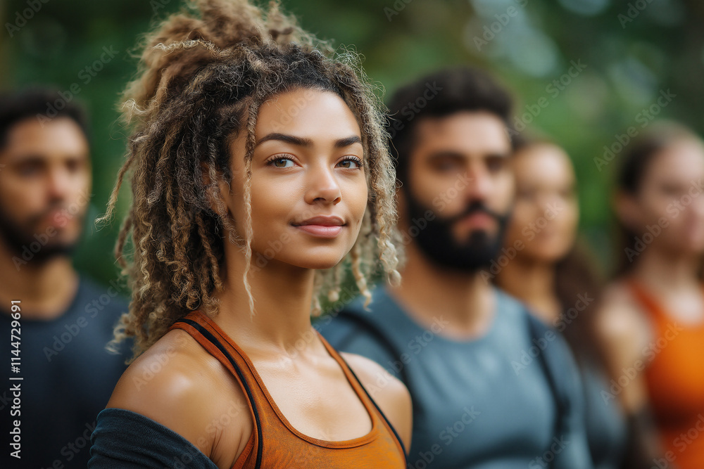 Diverse group of individuals stands confidently in outdoor fitness session. Generative AI Diverse group of individuals stands confidently in outdoor fitness session. Generative AI