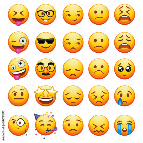 A collection of various emojis showcasing a range of emotions from happiness to sadness, ideal for digital communication.