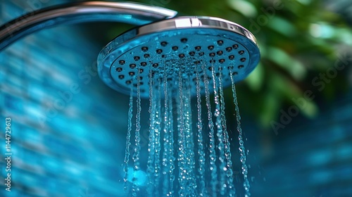 Close-up of a shower head spraying water. photo