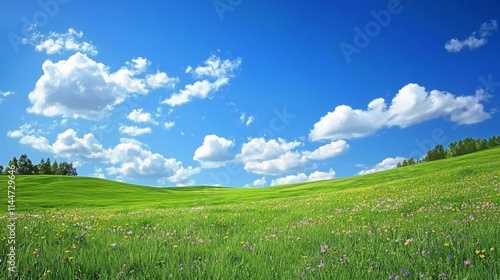 Scenic Green Meadows with Wildflowers Under Blue Sky