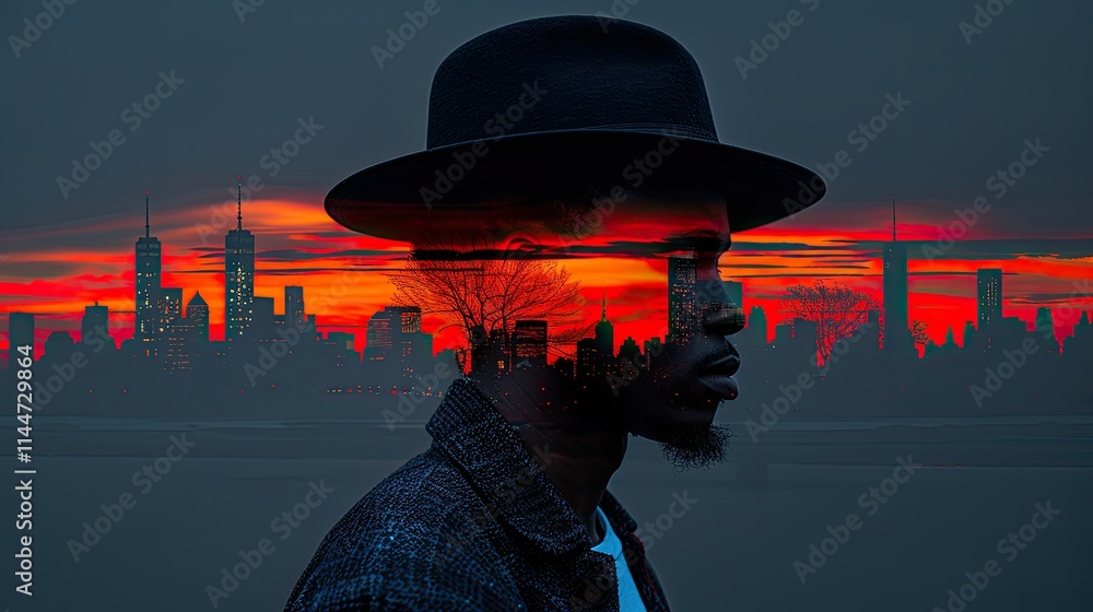 A silhouette of a man with a vibrant city skyline and sunset overlay. A silhouette of a man with a vibrant city skyline and sunset overlay.