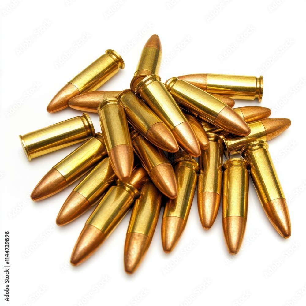 Collection of golden ammunition casings resting on a surface with a focus on detail and texture Collection of golden ammunition casings resting on a surface with a focus on detail and texture