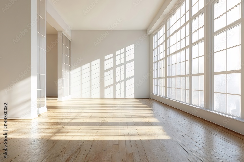 Sunlit empty room with hardwood floor and large windows. Sunlit empty room with hardwood floor and large windows.