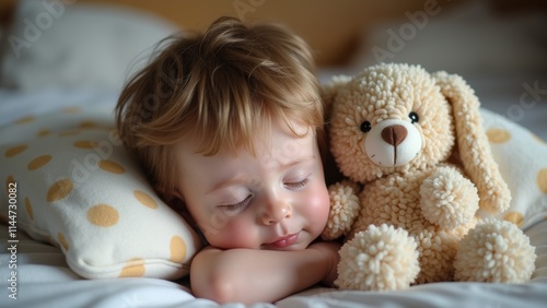 A young child peacefully sleeps on a soft bed, resting his head on a pillow while hugging a plush bunny toy. The atmosphere feels warm and nurturing