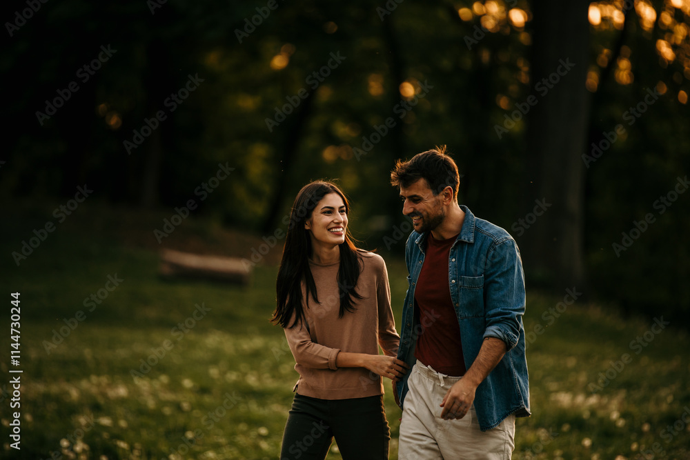 Fototapeta premium Relaxed man and woman enjoying a peaceful sunset walk surrounded by blooming flowers