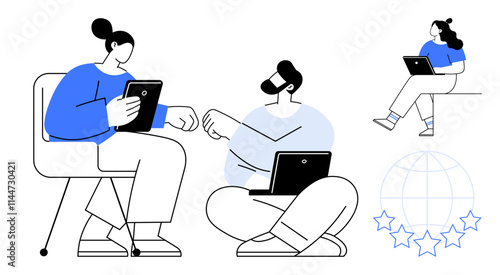 Colleagues working with digital tablets and laptops, engaging in a handshake and sitting together. Ideal for business teamwork, digital collaboration, work-from-home, remote work, online meetings