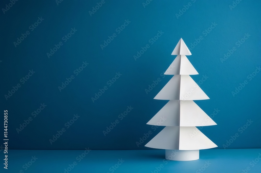 Minimalist white paper Christmas tree on blue background. Minimalist white paper Christmas tree on blue background.