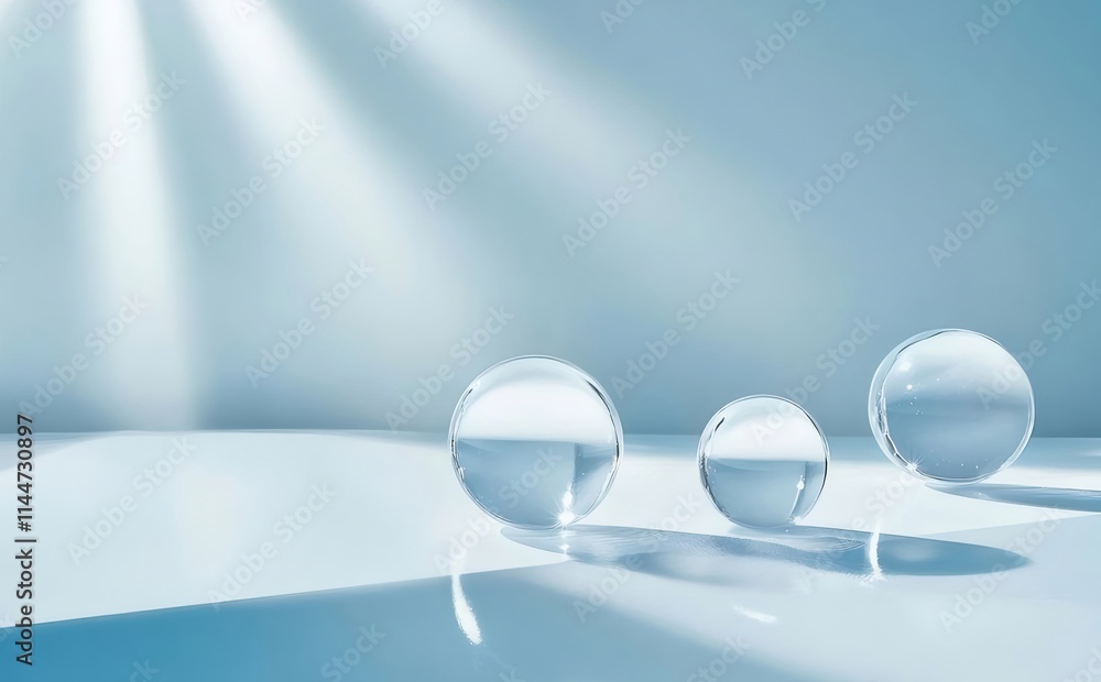 Three glass spheres on a light blue surface with light rays. Three glass spheres on a light blue surface with light rays.